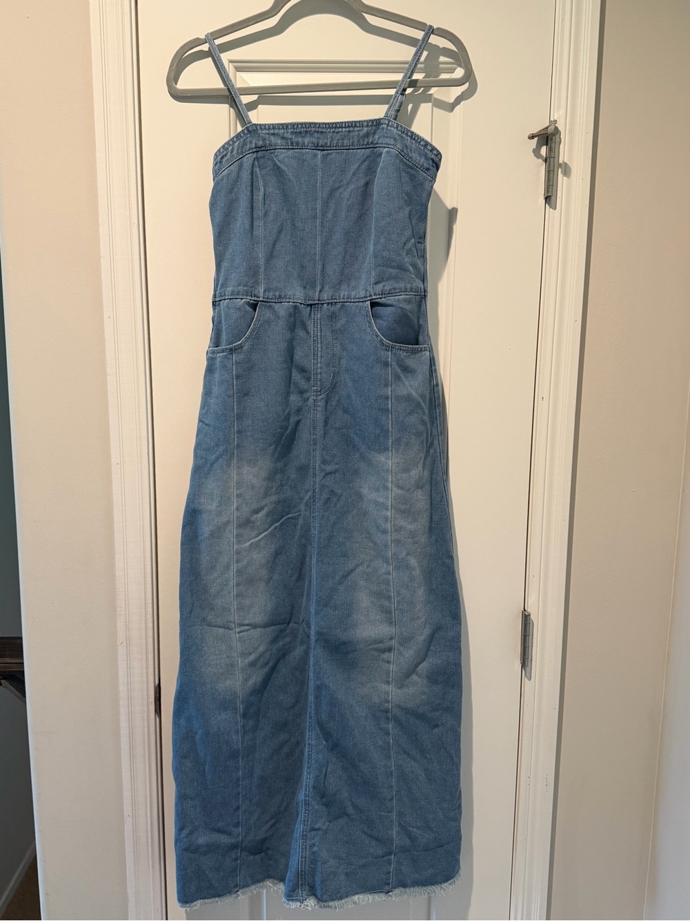 Denim Midi Sundress with Pockets - Light Blue